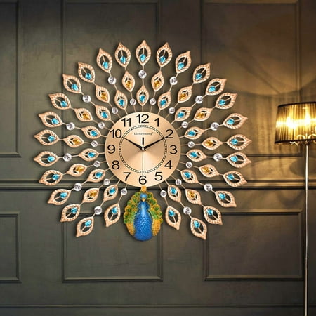 YouLoveIt 3D Crystal Diamond Peacock Wall Clock Modern Art Decorative Clock 3D Wall Decor for Living Room Bedroom Peacock Wall Clock