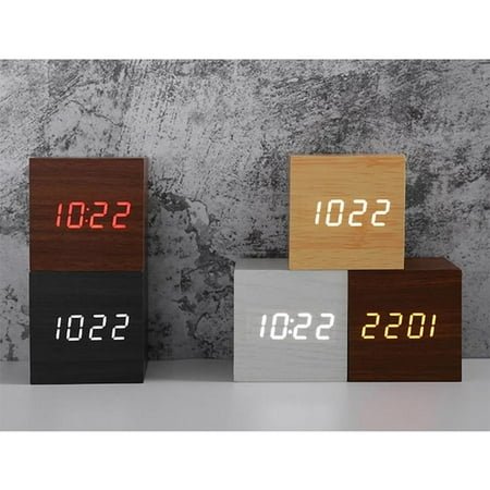 Zcyifa table clock Creative USB Charging Acoustic Intelligence Square Multifunction LED Wood Clock Electronic Mini Alarm Clock without Battery (Black White Light)