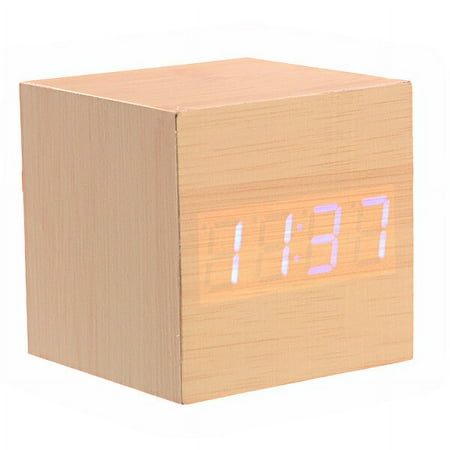 008-11 Mini Cube Shaped Voice Activated Blue LED Wooden Alarm Clock with Date /Temperature (Light Yellow)