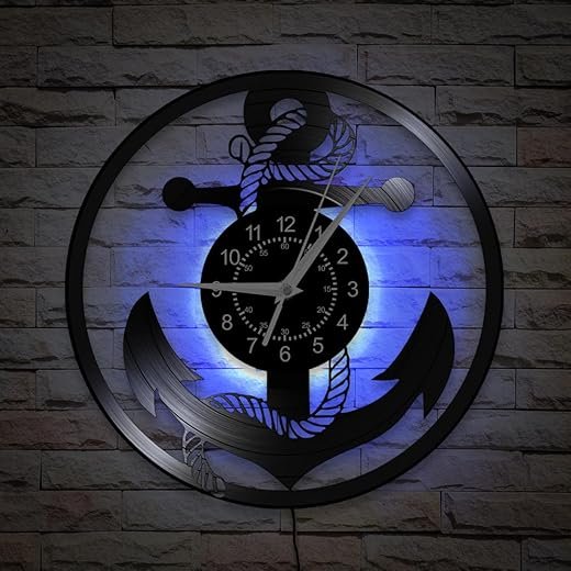 12 Inch Anchor and Boat Wheel Wall Clock 7 Kinds of LED Color, Nautical Coastal Wall Clock Vintage Decorative LED Night Light Wall Watch Clock Silent Movement for Bedroom Living Room Kitchen