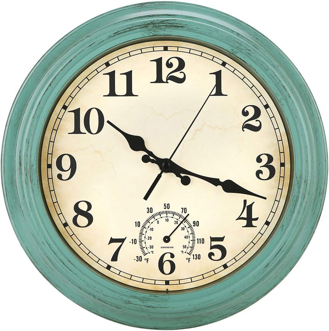 12 Inch Indoor/Outdoor Retro Waterproof Wall Clock with Thermometer,Vintage Battery Operated Silent Non Ticking Quartz Clock Wall Decorative for Kitchen/Bedroom/Living Room/Bathroom/Patio-Olive green