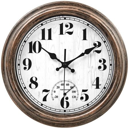 12 Inch Retro Wall Clock,Indoor and Outdoor,Quartz,Analog,Waterproof,Thermometer,Bronze