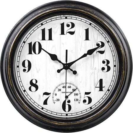 12 Inch Retro Wall Clock,Indoor and Outdoor,Quartz,Analog,Waterproof,Thermometer,Black