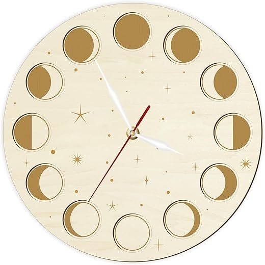 12 Inch Stars and Moon Wall Clock, Moon Phases Wooden Round Wall Clock Modern Silent Quartz Non Ticking Battery Operated Eclipse Celestial Lunar Wall Clock Watch for Bedroom Living Room