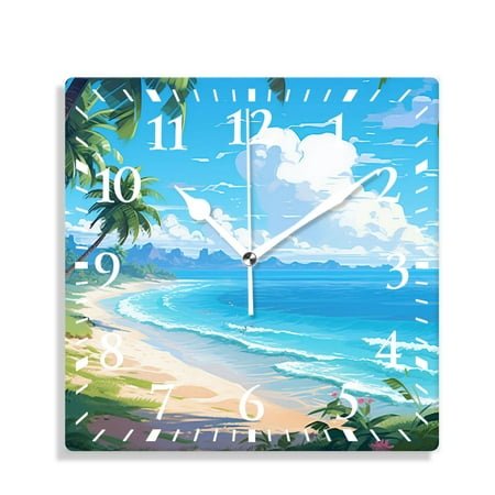 12 Inch Wall Clock Battery Operated Silent Clock Decorative for Office, Kitchen, Outdoor, Living Room，Hawaii Beach with Palm Trees Graceful Design