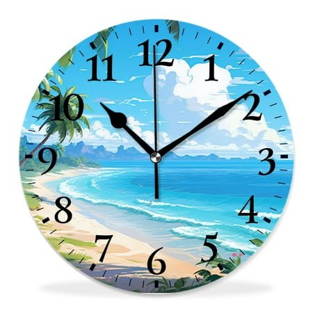 12 Inch Wall Clock Battery Operated Silent Clock Decorative for Office, Kitchen, Outdoor, Living Room，Hawaii Beach with Palm Trees Graceful Design