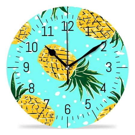 12 Inch Wall Clock Battery Operated Silent Clock Decorative for Office, Kitchen, Outdoor, Living Room，Cartoon Pineapple on Green Cute Design