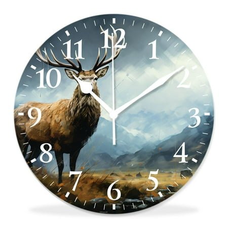 12 Inch Wall Clock Battery Operated Silent Clock Decorative for Office, Kitchen, Outdoor, Living Room，Whitetail Deer Fawn in Wilderness Countryside Lovely Drawing