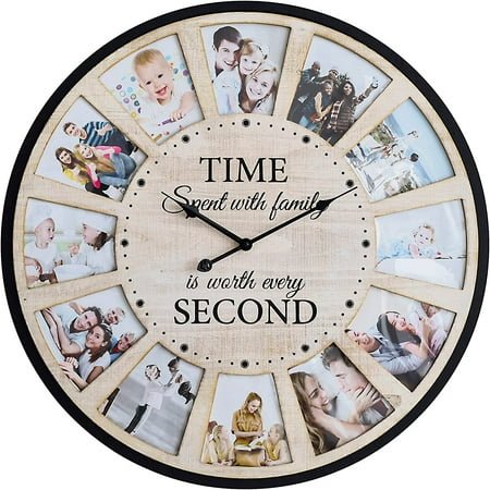 12 Photo Collage Rustic Farmhouse Wood Wall Clock, Large Oversized Wall Clock for Home, Kitchen, Living Room, Silent Battery Powered 25 Inch Natural