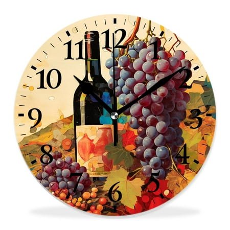 14 Inch Wall Clock Battery Operated Silent Clock Decorative for Office, Kitchen, Outdoor, Living Room，Vintage Red Wine Bottle Glass Vine Leaf Elegant