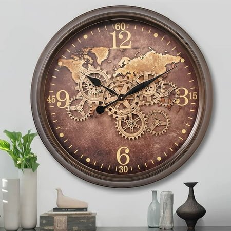 15 Inch Real Moving Gear Wall Clock, Vintage Industrial Steampunk Wall Clock, Metal Black Wall Clock for Living Room Decor,Kitchen, Home Office