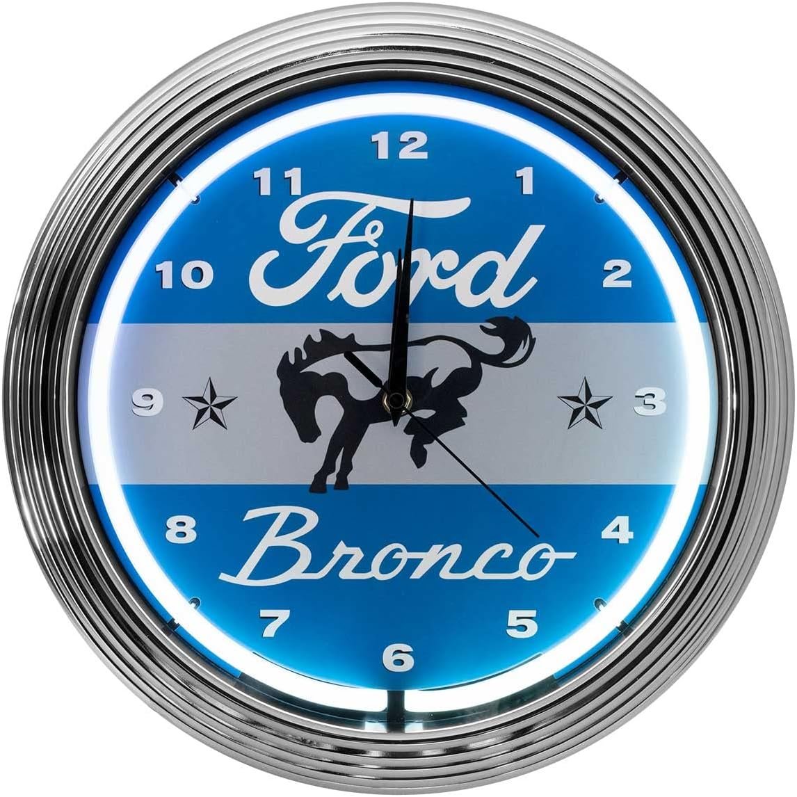 15 White & Blue Light Up Neon Wall Clock with Chrome Trim Made for Ford Bronco