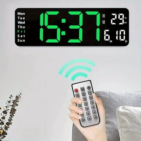 16 Large Digital Wall Clock Timer, Remote Controll, 2 Alarms, Date Display, LED Display, 8 RGB Color, Auto DST, Temperature for Living Room, Bedroom, Desk, Mounted,