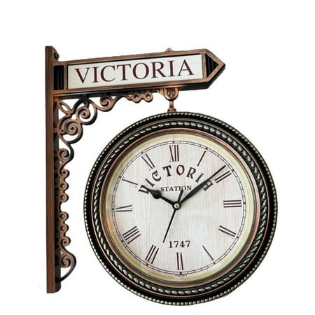 1747 London Victoria Station Double Sided Railway Wall Clock - Antique Brown Station Functional Round Clock for Home and Office Decor - Vintage Look 8 Inch Clock with Wall Mount