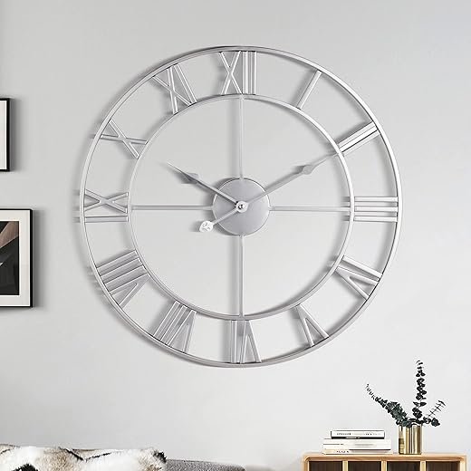 1st owned Large Wall Clock, Metal Retro Roman Numeral Clock, Modern Round Wall Clocks Almost Silent, Easy to Read for Living Room/Home/Kitchen/Bedroom/Office/School Decor (Silver, 24 Inch)