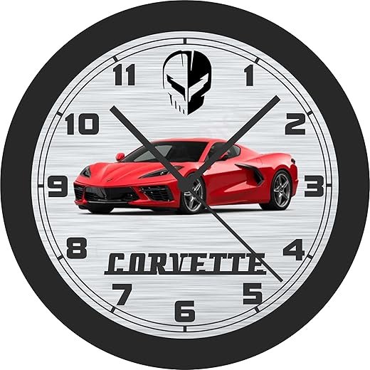 2020-2024 Chevy Corvette Stingray 14 inch Wall Clock-Clear Numbers, 8-Color Printed Graphics, Durable Plastic Case, Scratch-Resistant Glass Lens.