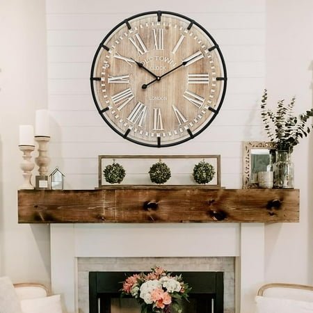 20 Inch Large Farmhouse Wall Clock, Rustic Antique Wood with Metal Circle and Large Engraved Numerals, Silent Battery Operated Wall Clock for Office Kitchen Bedroom Living Room