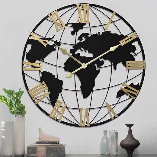 24 Inch Large Metal World Map Wall Clock Modern Minimalist Design, Silent Non-Ticking Mechanism, Battery Operated Timepiece for Living Room, Home, Kitchen, Bedroom, Office, and Farmhouse Decor