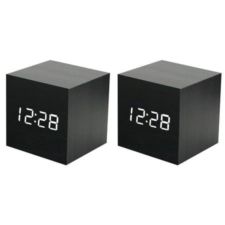 2pcs Creative USB Charging Square Multifunction LED Wood Clock Electronic Mini Alarm Clock without Battery (Black White Light)