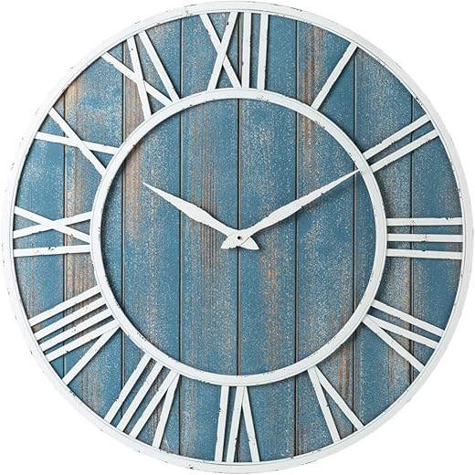 30 Coastal Wall Clock - Metal & Solid Wood Noiseless Weathered Beach Blue Wall Clock