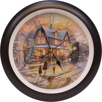 Mark Feldstein & Associates Thomas Kinkade All Aboard for Christmas Holiday Sounds Wall Clock, 13 Inch, Black, Plays 12 Christmas Carols