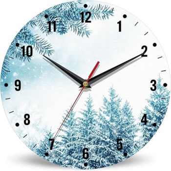 SPUNKER Christmas Clock for Bedroom,Winter Forest Wall Clocks for Living Room Decor,Snow Trees Kitchen Clocks Wall Battery Operated - 10 Inch Round Bathroom Wall Clock Silent Non-Ticking