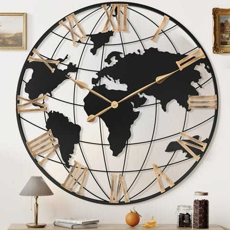 36 Inch Extra Giant Oversized Black Metal Wall Clock,Large Modern Decorative Silent World Map Wall Clock with Vintage Gold Roman Numeral for Living Room,Entrance Fireplace,Dining Room Decor