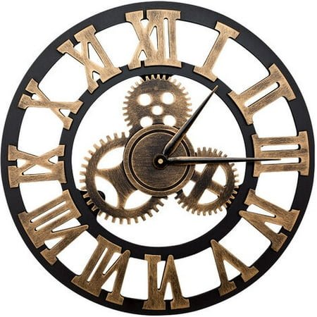 3D Large Classic Vintage Wooden Silent Wall Clock Retro Gear Hanging Clock Roman Numeral Horologes European Style Steampunk Industrial Decor for Living Room, Bar,Gold,30 30cm