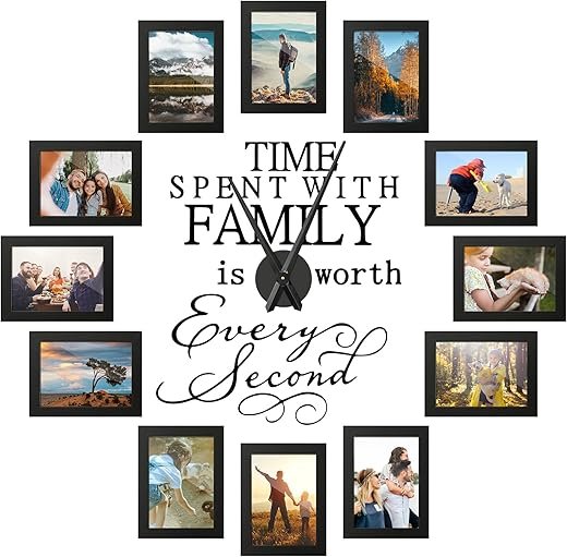 3D Large Collage Photo DIY Wall Clock, 5x7 Picture Frame Set of 12, 7 Inch Photo Frame DIY Clock Modern Decor Family Quote Wall Stickers Clock Kit for Home Living Room Bedroom Office(Black)