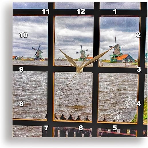 3dRose Wall Clock Silent - 10 inch - Netherlands, Zaandam, Zaanse Schans Windmills on a Cloudy Day - Windmills