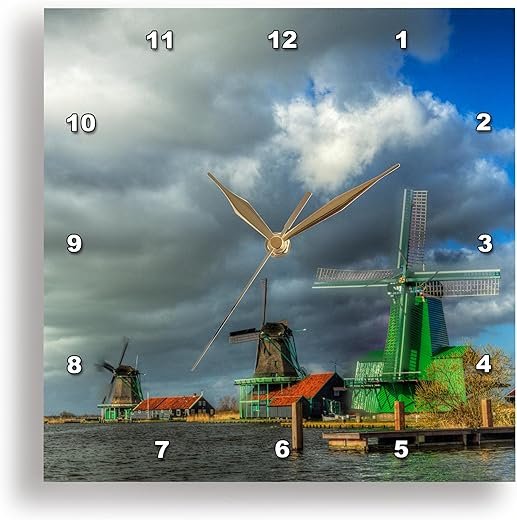 3dRose Wall Clock Silent - 15 inch - Netherlands, Zaandam, Scenes from Zaanse Schans Museum. Zaandam - Windmills