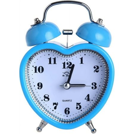 3 Inches Cute Twin Bell Loud Alarm Clock Silent Analog Quartz Nightlight Clock Battery Operated for Kids, Seniors, Heavy Sleepers, Decorations for Bedroom, Living Room (Blue)