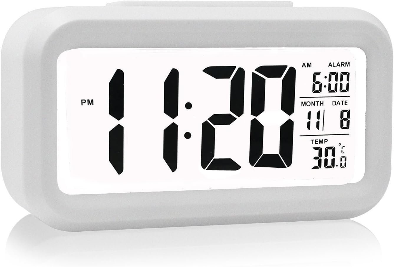 4.5"" LED Display Digital Alarm Clock Battery Operated/Night Light with Indoor Temperature, Small Alarm Clock Bedrooms Beside Travel (White)