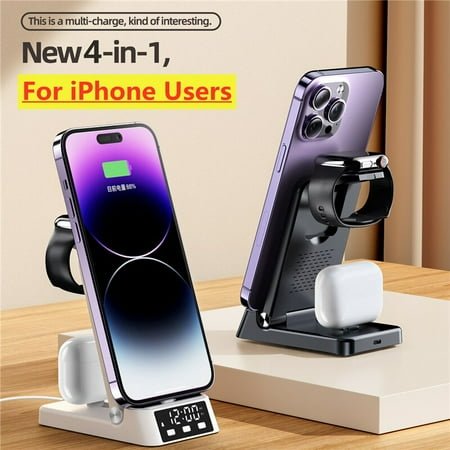 4 In 1 Wireless Charger Stand Pad Alarm Clock Foldable Fast Charging Station Dock for iPhone 14 13 12 11 For Apple Watch For airpods Pro