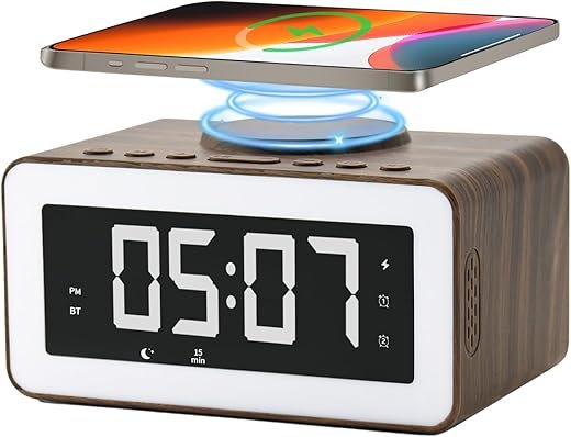 5 in 1 Alarm Clock for Bedroom, Wireless Charging Station for iPhone/Samsung, Bluetooth Speaker, and Sleep Machine, Night Light, Desk Clock with Large Numbers(Dark Wood Grain)