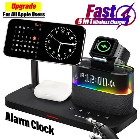 5 In 1 Wireless Charger Stand LED Night Light Alarm Clock for iPhone 15 14 13 12 IWatch 9 8 7 Airpods Fast Charging Station Dock (Black)