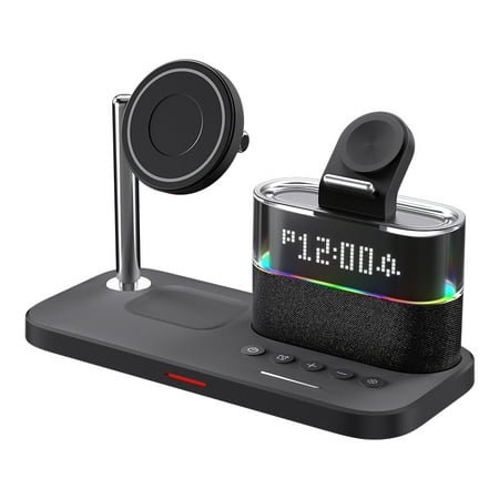 5 in 1 Wireless Charging Dock for iPhone for For AirPods Pro for iWAtch Touch Adjust Night Lamp Alarm Clock 15W Charger Stand for Samsung (Black)