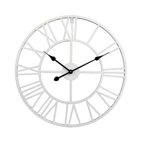 60CM Wrought Iron Clock Vintage European Style Roman Numerals Wall Clock Household Bedroom Hanging Bar Decor without Battery （White）