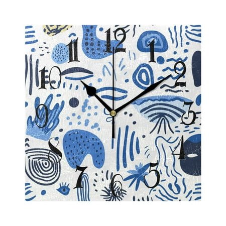 Abstract Blue Shapes Doodles Wall Clock Decorative Square Silent Non-Ticking Operated Clocks Aesthetic for Bedroom Living Room