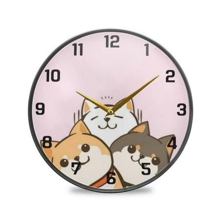 Acrylic Round Wall Clock Battery Operated Silent Non-Ticking Decorative Creative Clock for Bedroom Living Room kitchen 9.5×9.5 Three Cutes Hiba Inu Dogs