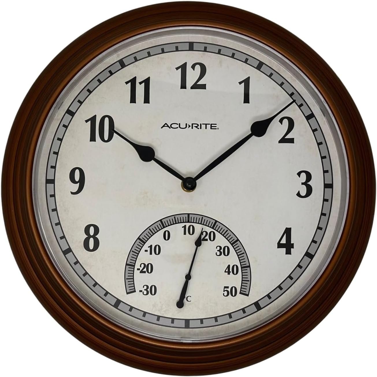 AcuRite 02368CAL: 13.5-Inch Indoor/Outdoor Round Analog Clock & Thermometer, All-Weather Frame, Copper Finish, Quartz Timekeeping