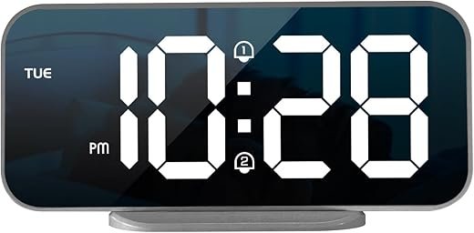 ALANAS Digital Alarm Clock with Dual Alarms, Mirror LED Bedroom Alarm Clocks for Kids, Adjustable Brightness, Snooze, 2 USB Ports for Cellphone Charging, 12/24 Hour Display， Grey