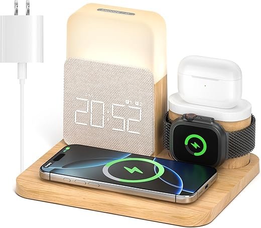 Alarm Clock Charging Station for Bedrooms, 7 in 1 Wireless Charging Station, Mag-Safe Charger with Night Light Bedside Clock for iPhone 16 15 14 13 12 Pro Max, Apple Watch, AirPods