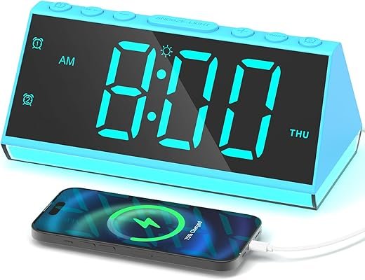 Alarm Clock for Bedrooms, Digital Clock with Loud Beep Sound, Large Blue Numbers, USB Ports, Dual Alarm, Snooze, Simple Bedside Clock for Kids Boys Girls Teens Seniors Bedrooms Nightstand, Desk Decor