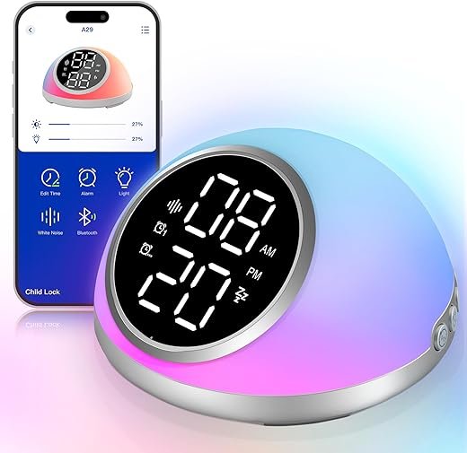 Alarm Clocks Bedrooms Sleep Sounds, Digital Dual Alarm Clock Bedroom, Bedside Alarm Clock Adjustable Brightness Button/App Control Night Light White Noises 12/24H Up to 10 Alarms, Silver