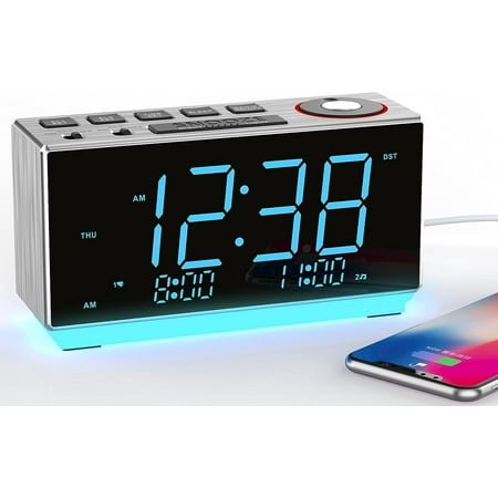 Alarm Clock with FM Radio, USB Charging, 1.8'' Ice Blue LED Display, Night Light, Dual Alarm, Snooze, Dimmer Control, Bedside Office Electronic Clock iTOMA CKS508