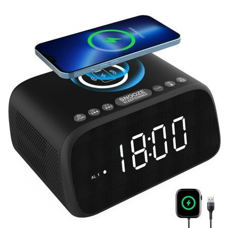 Alarm Clock with Wireless Charging, Bluetooth Alarm Clock with Speaker, Radio Clock USB Charger with Fm, Dual Clock Radio for Bedrooms, Dimmable Led Digital Display with Battery Backup.