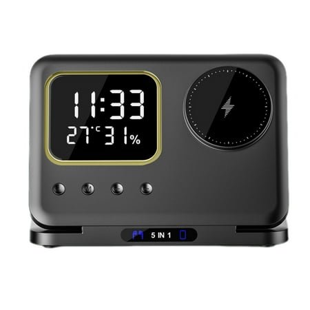 Alarm Clock with Wireless Charging, Clock Charging Station Alarm Clock, 5 in 1 Charging Clock Wireless Charger Dock for Phone, USB Charging for Home Office