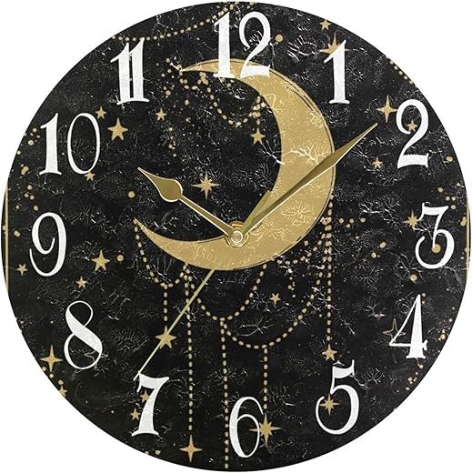 ALAZA Moon and Stars Black Round Wall Clock Non-Ticking Silent Battery Operated Decorative Clock for Living Room Home Office Decor