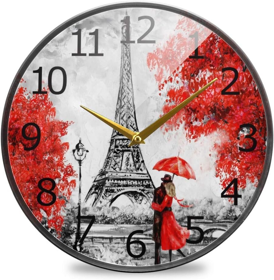 ALAZA Oil Painting Paris European Eiffel Tower Red Tree Acrylic Painted Silent Non-Ticking Round Wall Clock, 12 Inch Battery Operated Quiet Bathroom Clock for Living Room Bedroom Kitchen Decor